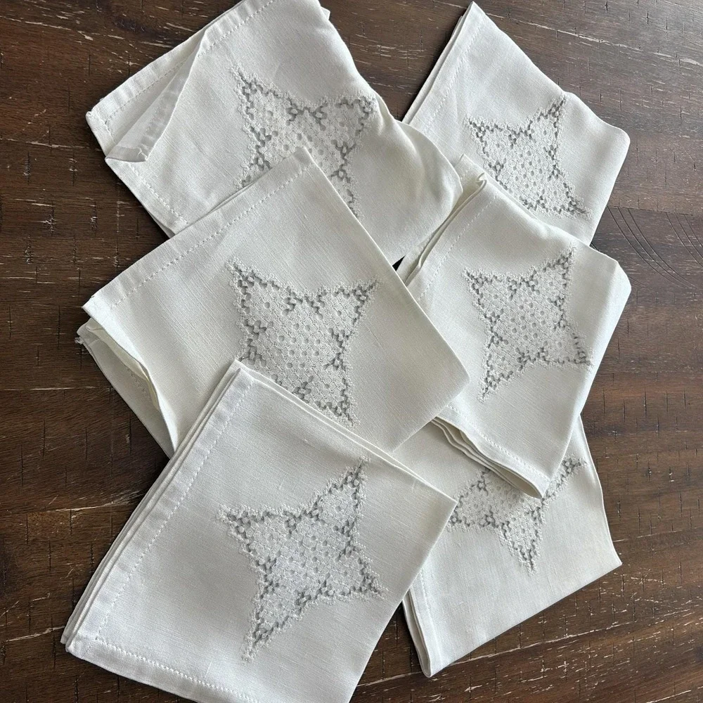 Vintage Linen Napkins Set Of 6 Cuteirk Star Gray Embroidery Accent 15x15